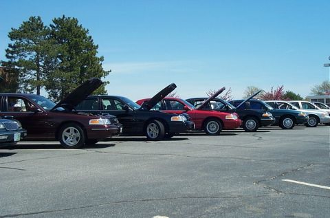 1991 Ford LTD Crown Victoria - A line of Ford Crown Victoria police interceptors are parked with their hoods open under a clear blue sky.