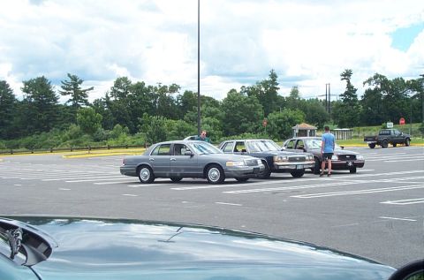 1991 Ford LTD Crown Victoria - Multiple vehicles are parked in a lot with trees and a cloudy sky in the background.