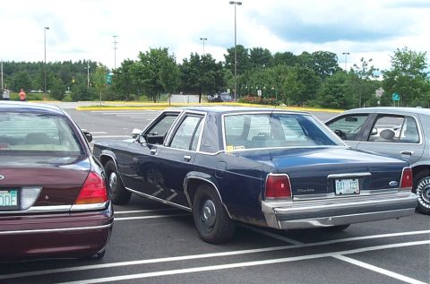 1991 Ford LTD Crown Victoria - A dark blue sedan is parked in a lot, showing its rear end and part of another vehicle.