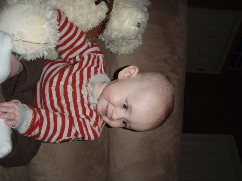 1997 Ford F-250 - A baby in a striped shirt rests on a brown couch next to a large teddy bear, with a watermark at the bottom right.