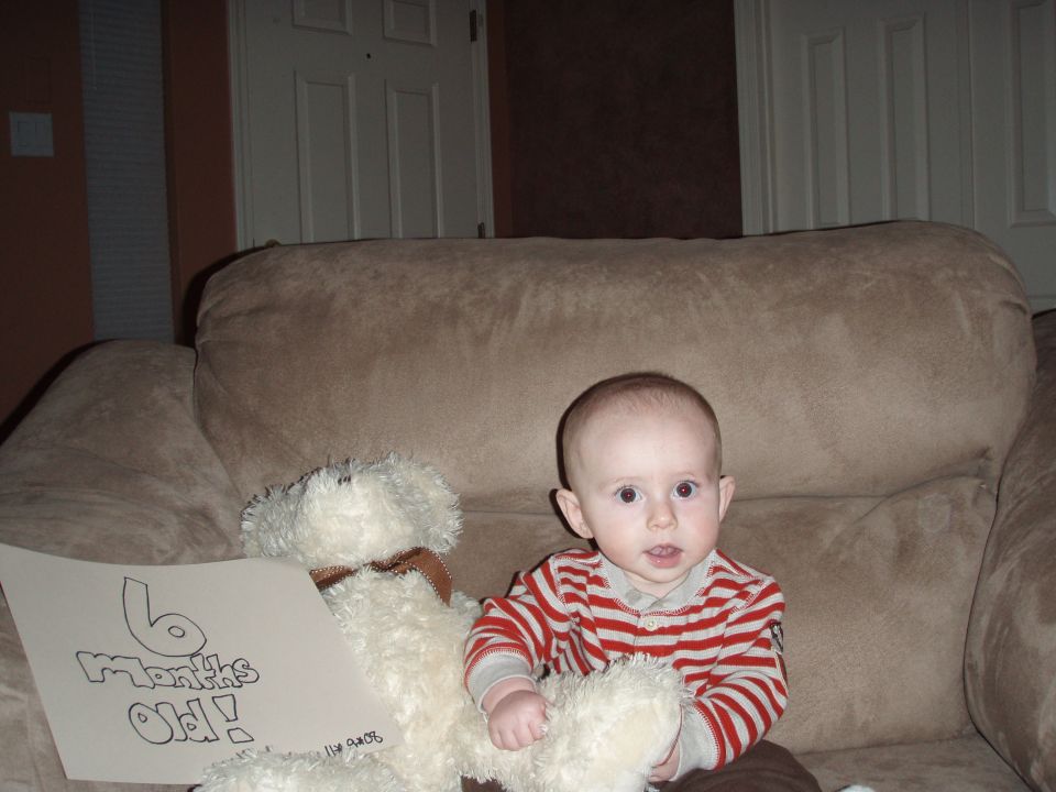 Baby sitting on a couch next to a teddy bear and a sign that says "6 Months Old!"