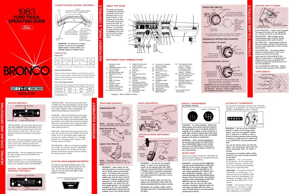 Operating Guide for '83 Bronco
IF THE IMAGE IS TOO SMALL, click it.

Sections are not shown in original order.

http://www.fleet.ford.com/partsandservice/owner-manuals/