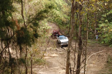 1982 Ford F-100 - Two trucks navigate a muddy, wooded trail, with one white pickup truck leading the way.