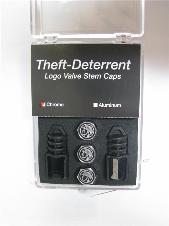 Theft-Deterrent Logo Valve Stem Caps, Chrome, Aluminum. Includes three Mercury logo caps and two black caps