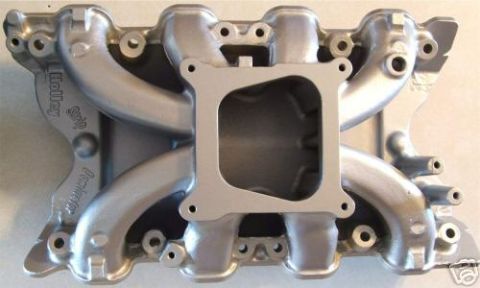 1972 Ford Ranchero - Holley Dominator intake manifold shown from above, with text cast into the side.