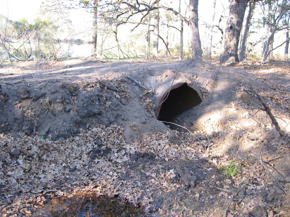 dirt embankment with a large metal culvert opening, surrounded by trees and fallen leaves