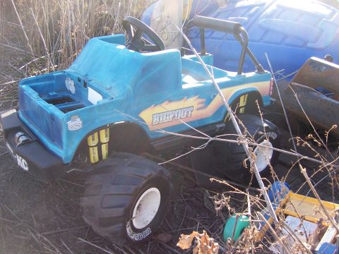 1979 Ford Bronco - This toy Bigfoot monster truck is partially obscured by dry vegetation.