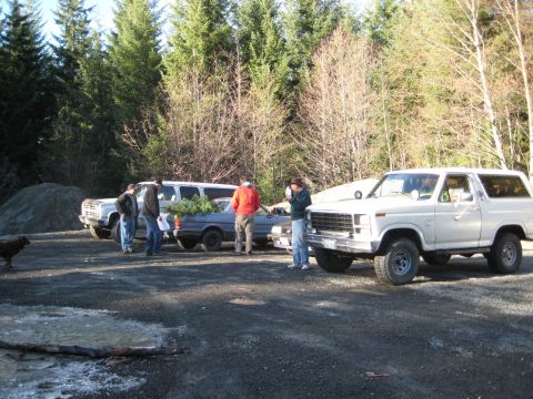 1980 Ford Bronco - Several people and vehicles are gathered in a wooded area, possibly for a tree run.