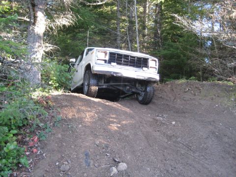 1980 Ford Bronco - A white 1980 Ford Bronco navigates a steep dirt incline in a wooded area.