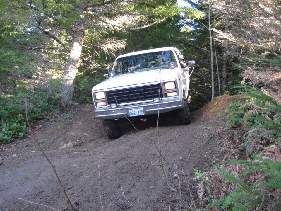 1980 Ford Bronco driving on a dirt trail through trees