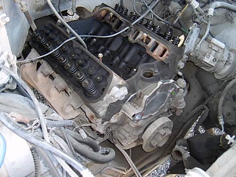 1983 Ford F-150 - Close-up view of a Ford V8 engine, with valve covers off, revealing internal components.