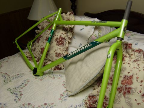 1972 Ford Ranchero - A bright green bicycle frame and fork are displayed on a bed, 'Salsa' and 'El Mariachi' branding.