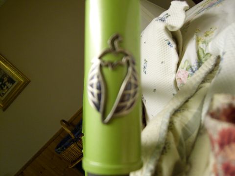 1972 Ford Ranchero - A close-up shot focuses on a green bicycle frame a unique silver emblem.