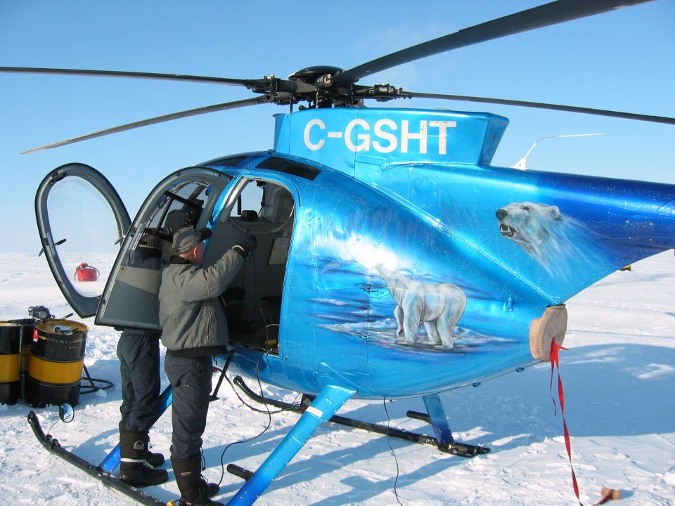 Blue helicopter with polar bear artwork and C-GSHT registration