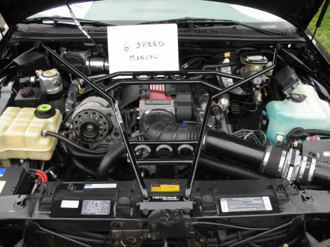 1998 Ford Crown Victoria - The engine bay is visible, a handwritten sign indicating "6 SPEED MANUAL" and a black strut tower brace.