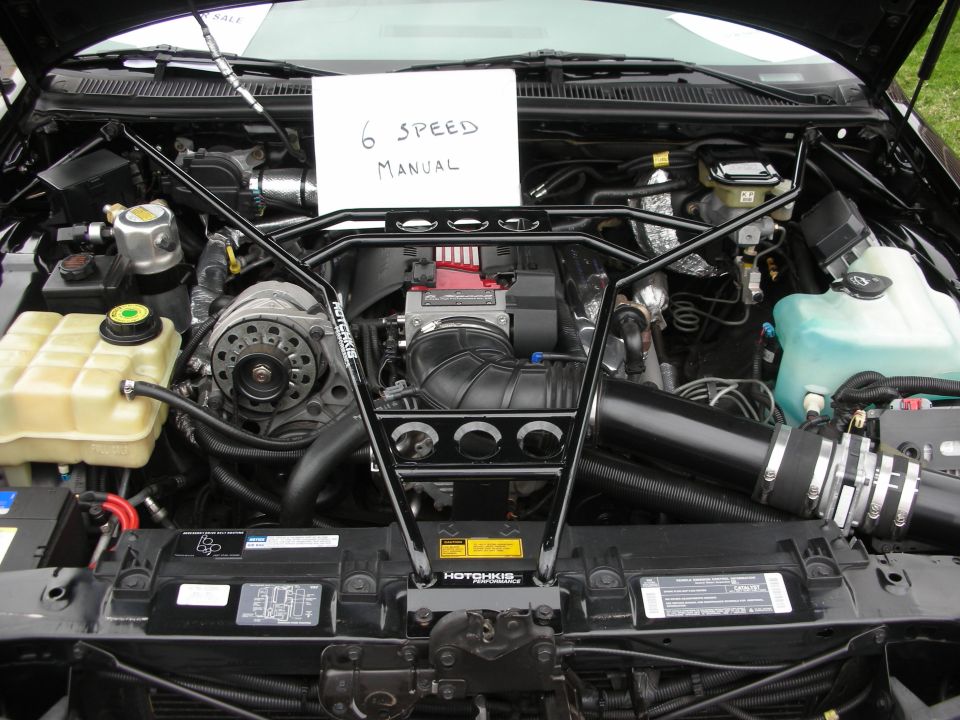 Engine bay with a "6 SPEED MANUAL" sign, black strut tower brace, and various engine components