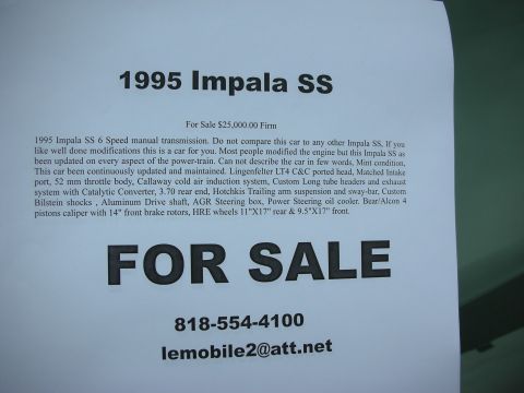 1998 Ford Crown Victoria - printed for-sale flyer advertising a 1995 Chevrolet Impala SS with modification list, asking price, and seller contact info.