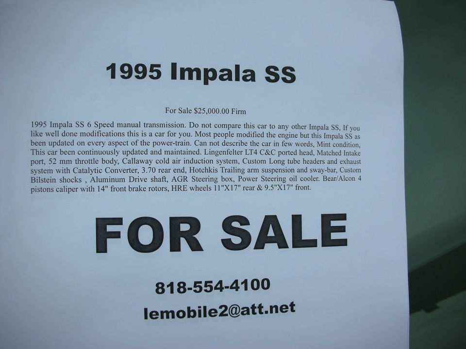 Printed for-sale flyer for a 1995 Impala SS listing price and contact phone and email