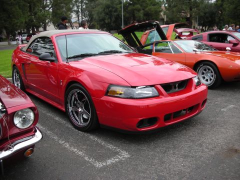 1998 Ford Crown Victoria - A bright red convertible sports car is parked in a lot, with other vehicles visible behind it.