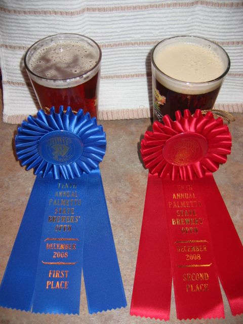 1985 Ford LTD Crown Victoria - First and second place ribbons from the 2008 Palmetto State Brewers' Open are displayed with two glasses of beer.