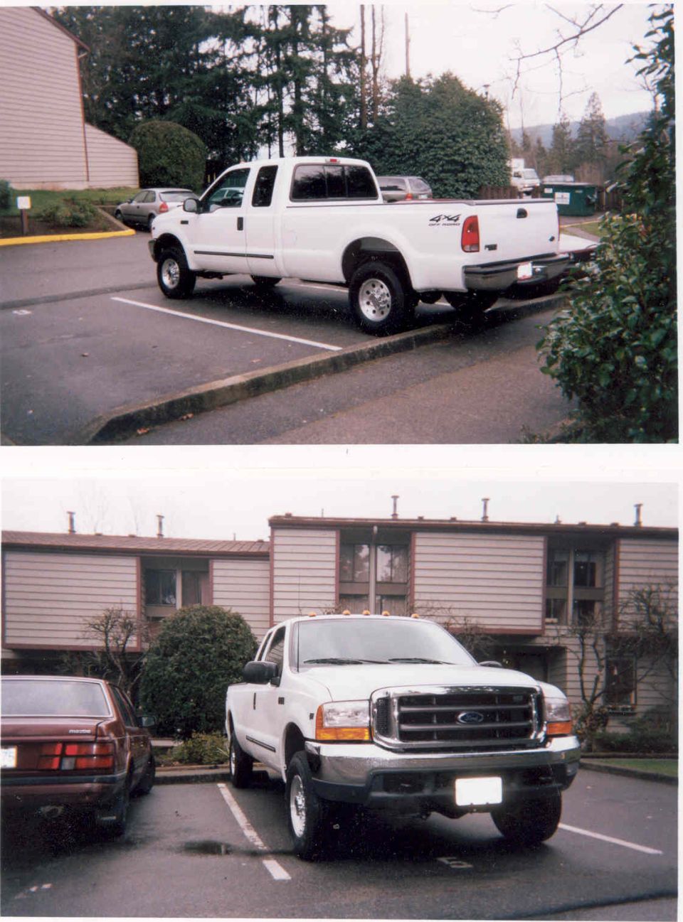 White Ford Super Duty 4x4 extended-cab pickup shown from rear and front angles in an apartment parking lot