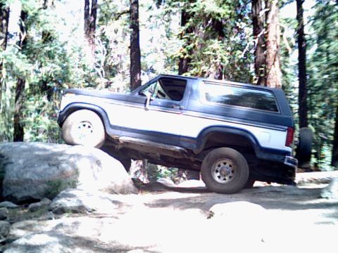 1985 Ford Bronco - A Ford Bronco navigates a rocky trail in a wooded area.