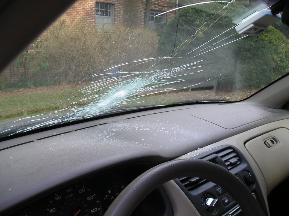 Hit rock at 70+ mph. Little glass shards went all the way back to the parcel shelf under the rear window