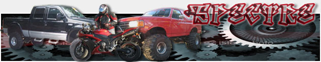 Red sport motorcycle with rider, black pickup, red lifted truck, and graphic text