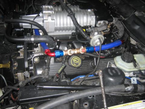 1996 Ford Thunderbird - A close-up view of the engine bay in a 1996 Ford Thunderbird, highlighting a supercharger and custom plumbing.