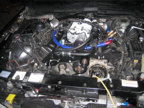 1996 Ford Thunderbird - Engine bay detail with a supercharger installed, showing plumbing and wiring.