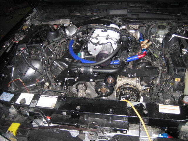 Engine bay with supercharger, blue and red hoses, and various wires