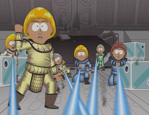 1994 Ford Bronco - Animated characters in futuristic armor are depicted in a scene with blue energy beams.