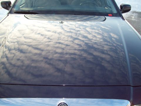 1999 Mercury Grand Marquis - The hood of a dark blue 1999 Mercury Grand Marquis reflects a cloudy sky.