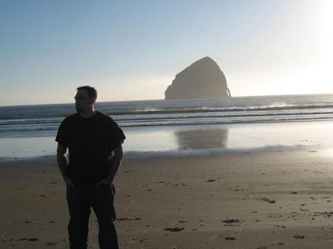 2008 Kawasaki Ninja R - A man stands on a sandy beach with waves rolling in and a prominent rock formation in the distance.