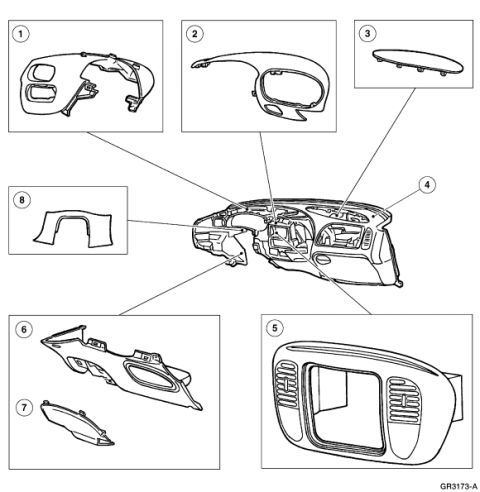 2007 Ford Mustang - Exploded parts breakdown of a dashboard/instrument panel with numbered component callouts.