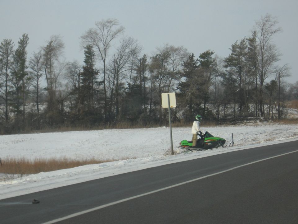 Rider on a green snowmobile in a snowy roadside ditch beside a highway sign, bare trees behind.