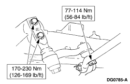 2007 Ford Mustang - Torque specification illustration showing driveline flange fasteners with values of 77-114 Nm and 170-230 Nm.
