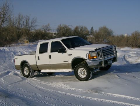 2000 Ford F-250 - White 2000 Ford F-250 Super Duty truck with tan lower body trim and a chrome grille guard parked in a snowy field.