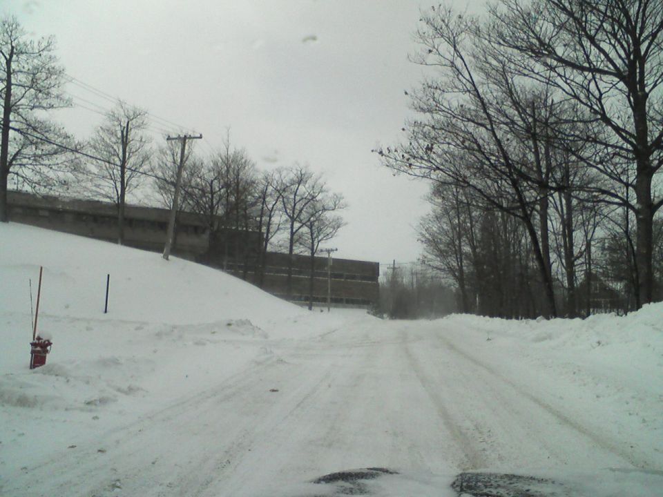 Snow covered road with bare trees and a building in the background.