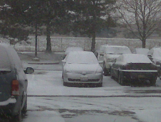 Snow-covered cars parked in a lot.