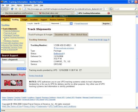 2008 Jeep Wrangler - This is a screenshot of the UPS tracking information website, showing the details of a package shipment. The page displays the tracking num…