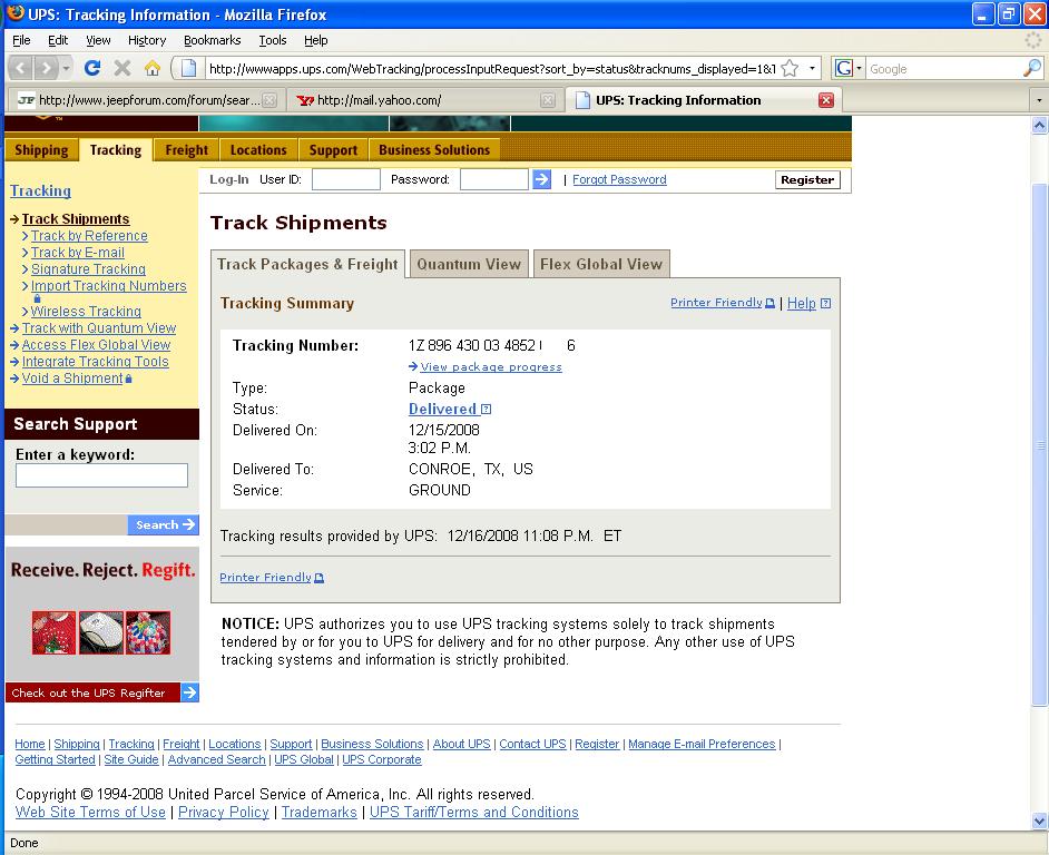 Screenshot of UPS tracking information website showing package details.
