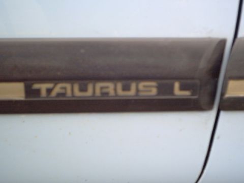 1986 Ford Taurus - Side trim with gold lettering reading TAURUS L on a white vehicle.