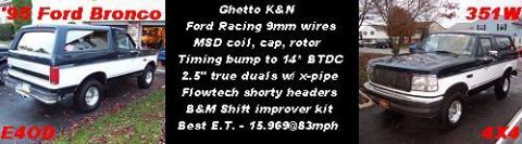 1995 Ford Bronco - A black and white Ford Bronco is shown from the front-right, with text detailing engine modifications.