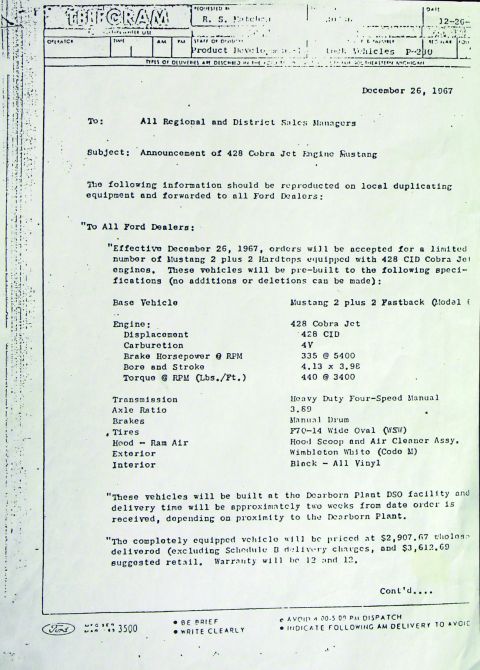 1968 Ford Mustang - 428CJ announcement letter to dealers