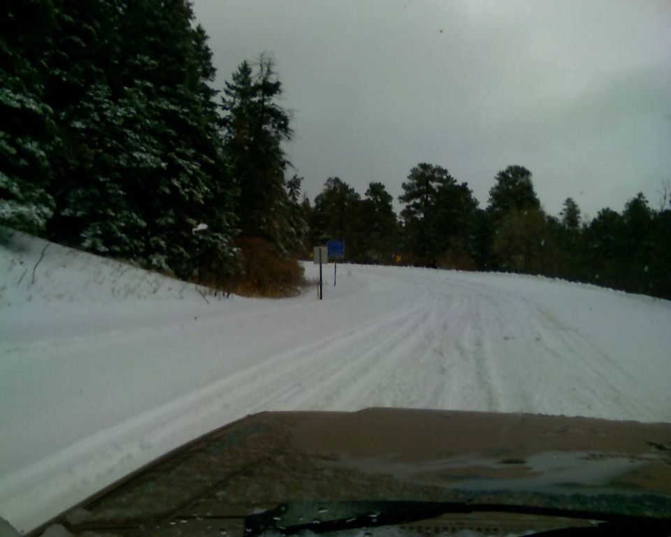 Vehicle hood and windshield looking out at a snow-covered forest road.