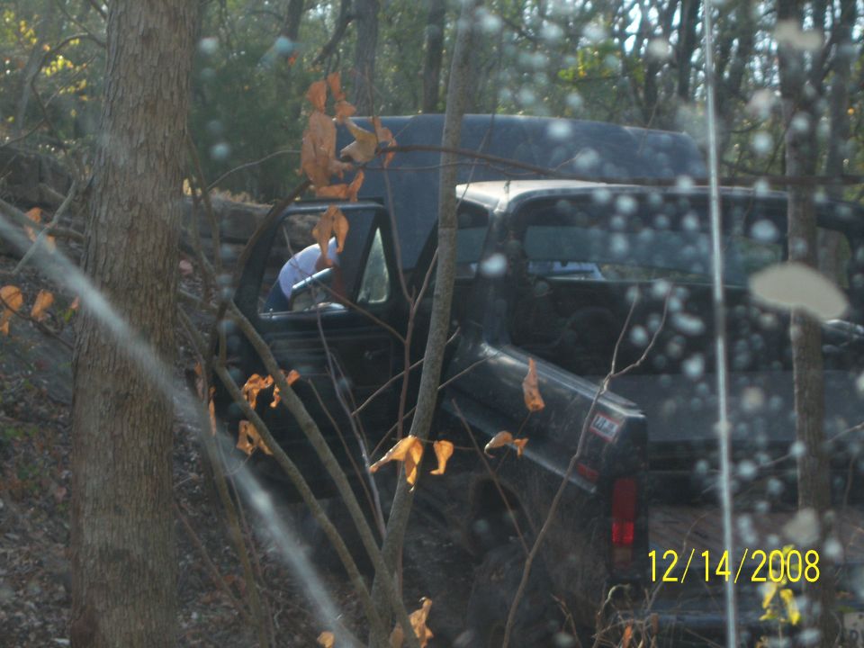 Dark pickup truck in a wooded area, partially obscured by trees and leaves. Date stamp visible.