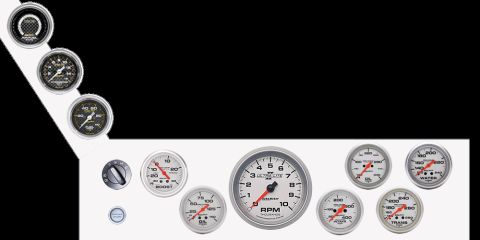 1993 Ford Taurus - A collection of automotive gauges, including an RPM meter, boost gauge, oil pressure, water temperature, and transmission temperature gauge…