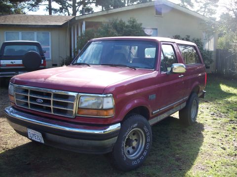 1977 Ford F-150 - Maroon Ford Bronco and a black Ford truck are parked in a grassy yard near a house.