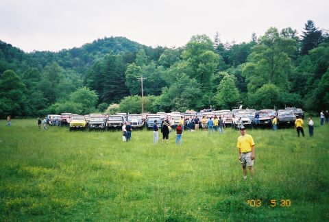 1991 Ford Bronco - A large gathering of Ford Broncos are parked in a field, with people milling around.